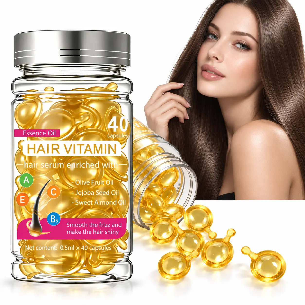 Hair Vitamin Capsule Oil, 40 Count Hair Serum with VitaminsA, C, E & B5,Repair Damaged Hair, Portable Travel‑Friendly for Smooth Shiny Hair