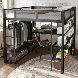 [Bellemave] Queen Size Loft Bed with Storage Shelves, Metal Loft Bed with Clothes Hanging Rod and Desk, No Box Spring Needed Design, Black