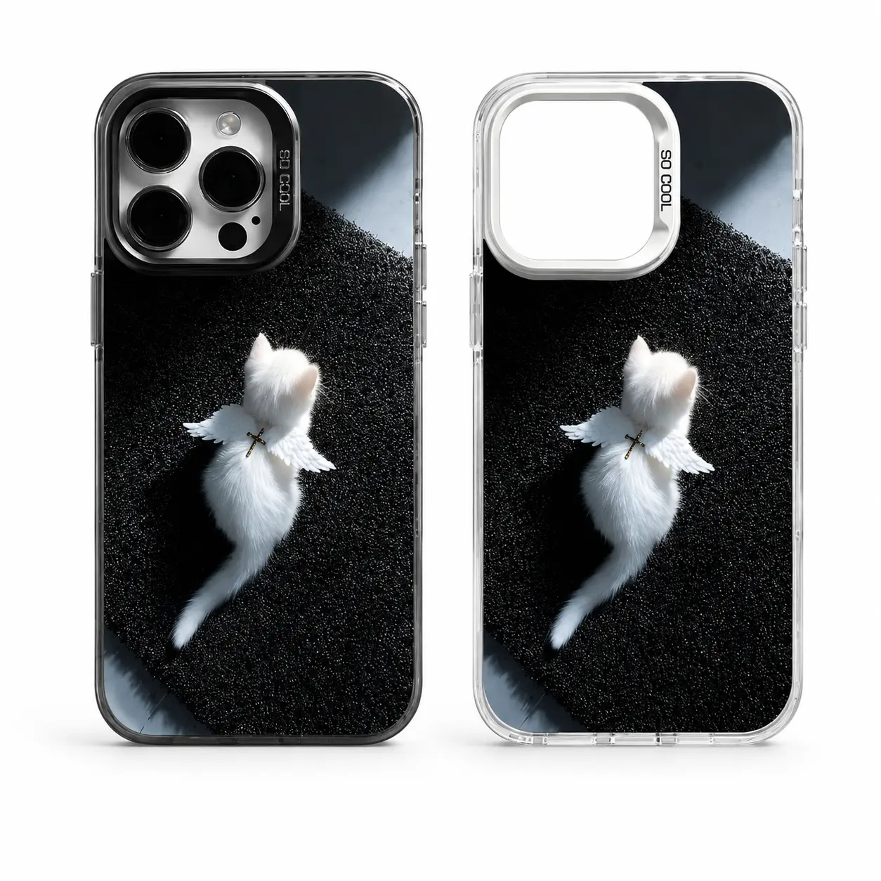 Coquette Dark Aesthetic 3D Fluffy White Angel Kitty Cross Phone Case Detachable Silver/Black/Purple Metal Camera Border Cute Dreamy Girly Gothic Vibe Shock Absorbing Anti-Drop Non-Slip Clear Protective Shell Fits iPhone 11/12/13/14/15/16/17 All Models