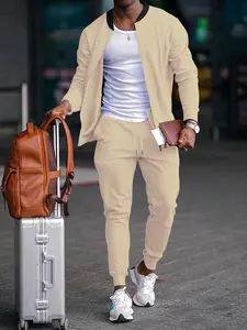 Men's Casual Sporty Set, Stand Collar Top & Loose-Fit Pants, Spring&fall, Comfortable Commuter Athletic Wear, Plain Color Design, Tracksuit Matching Set, Solid Tracksuits Set