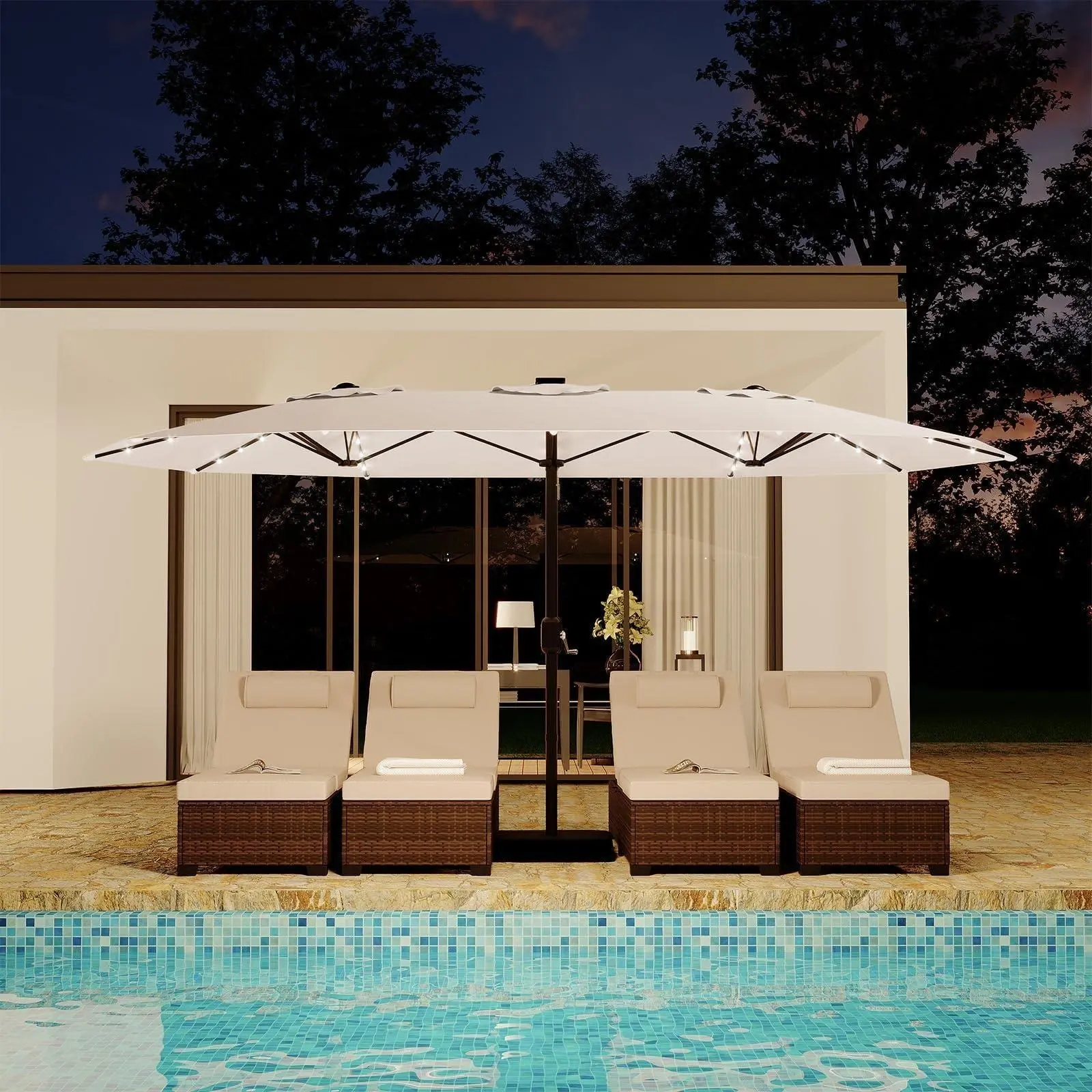 【GARVEE】Solar LED Umbrella 15ft Large Patio Umbrella – 36 Lights, Double-Sided Rectangle, Heavy Duty with Crank, Base Included – Solar Powered Outdoor Umbrella for Backyard, Garden, Pool, Lawn – TikTok Backyard Essential