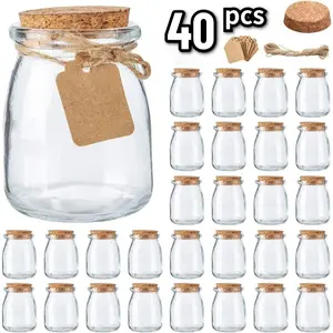40 Pack Mini Glass Favor Jars with Cork Lids- 3.4 oz Yogurt Pudding Containers, Mason Jars for Wedding Favors, Baby Shower, Candy, Honey, with Tags & Twine