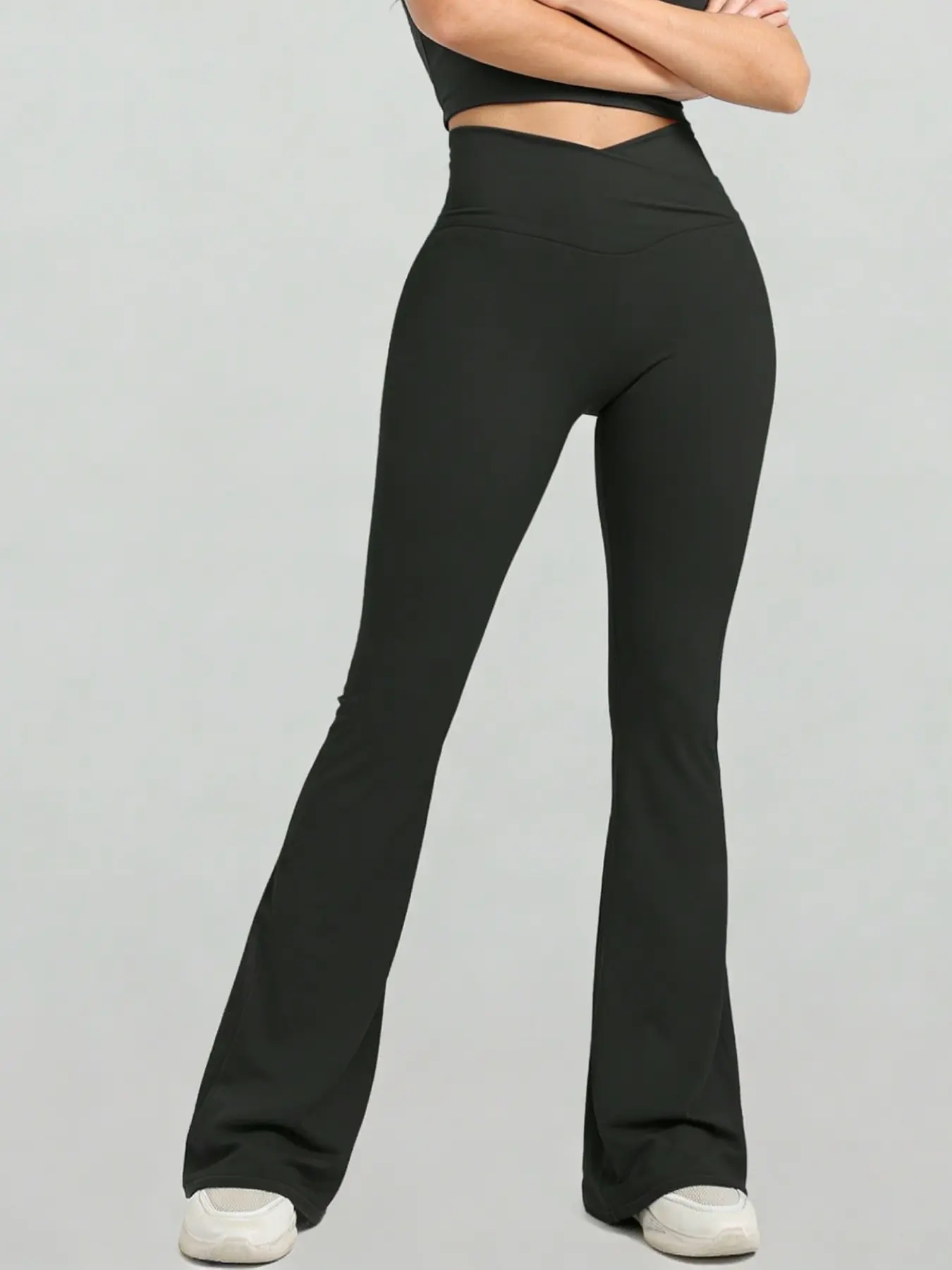 A women's high waisted, hip lifting, and slightly flared yoga pants, Activewear clothing, with a cross waist and abdominal design for fitness and slimming, suitable for all seasons, indoor, outdoor wear