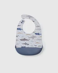 Silicone Bib Printed - Smiley Sharks | Adjustable Silicone Waterproof Baby Bib - Mess-Proof Feeding Bib with Catch-All Pouch- Unisex Baby Essentials - Travel Use