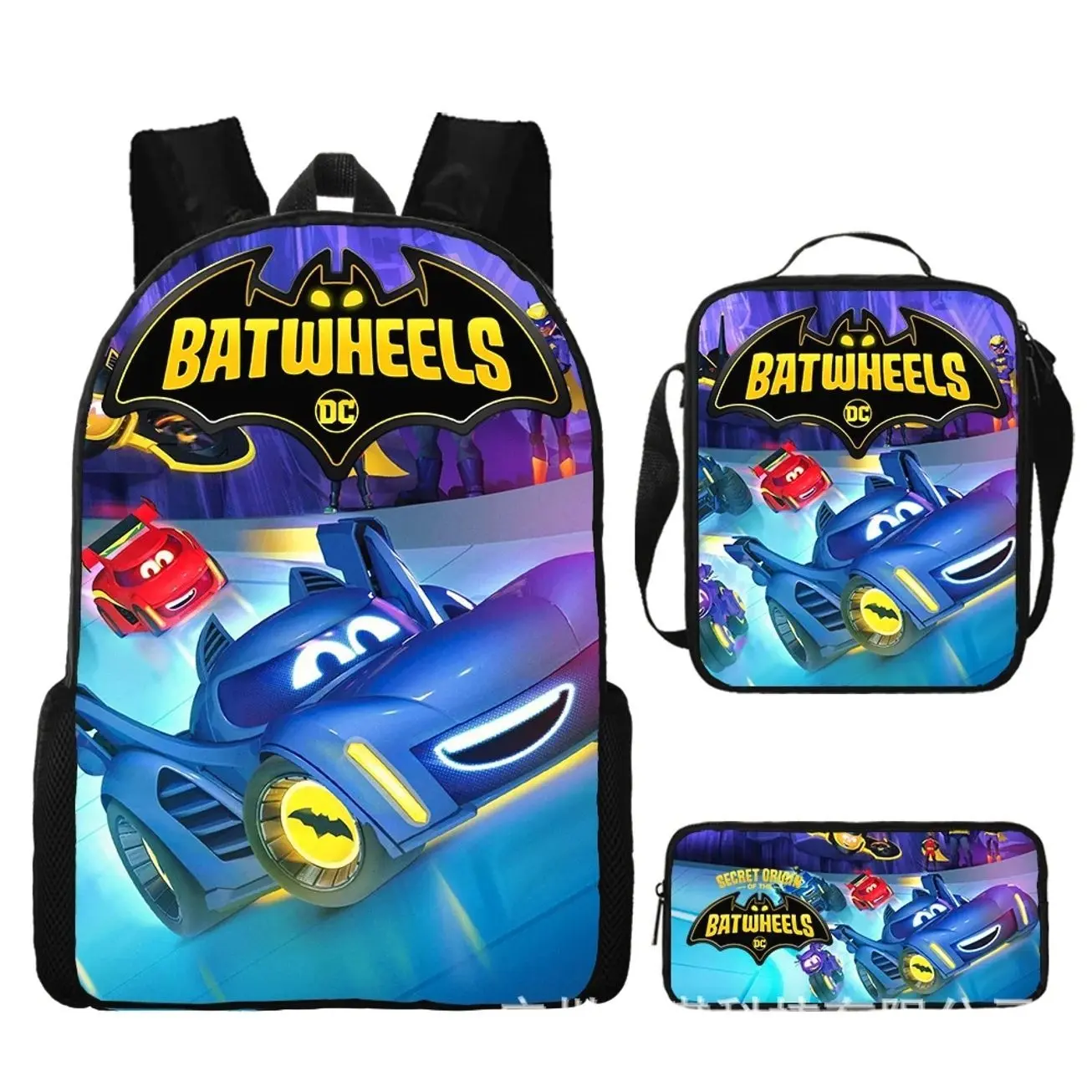 Kawaii Night Bat Car Mascot Character Schoolbag Set - 3Pcs Bookbag Insulated Lunch Bag Pencil Case - Unique Student Holiday Gift