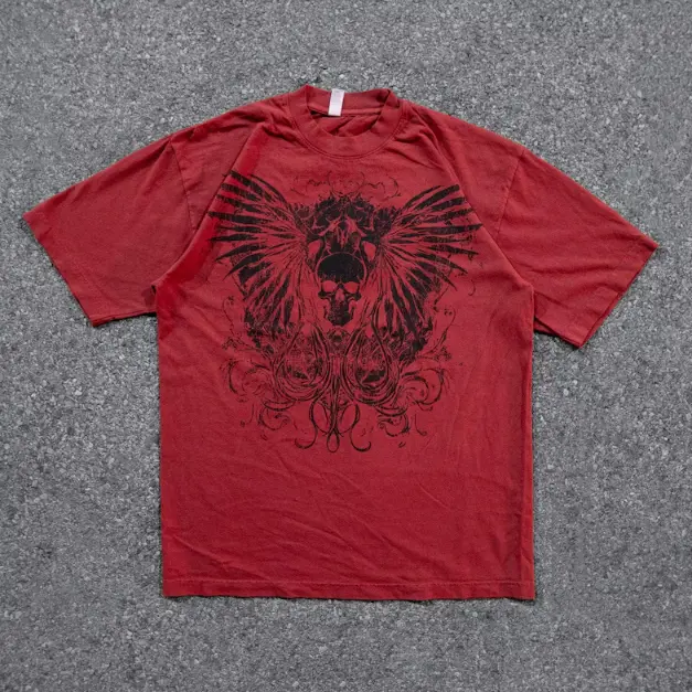 MISPRINT skull wings tshirt Y2K cyber sigilism streetwear emo metalhead aesthetic  grung graphic teeshort sleeve opium style affliction  Crewneck Menswear Graphic Shortsleeve Top Clothing