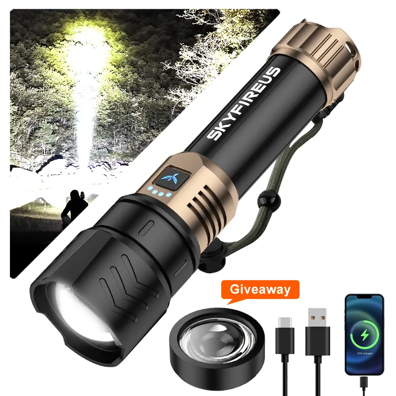 SKYFIRE CangLong 1097 High Power Rechargeable LED Flashlight - Portable Torch, Powerful Light, Adjustable Beam, Multifunctional Design, Long Battery Life, Included Batteries & Charging Cable (Outdoor Use), Search And Rescue, 4-16 Hours, Concentrated Long-