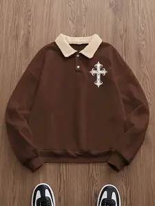 Trendy Retro Lamb Wool Collar Sweatshirt, Cross Print Polo Shirt, Comfortable Casual Wear for All Seasons, Fitted Design