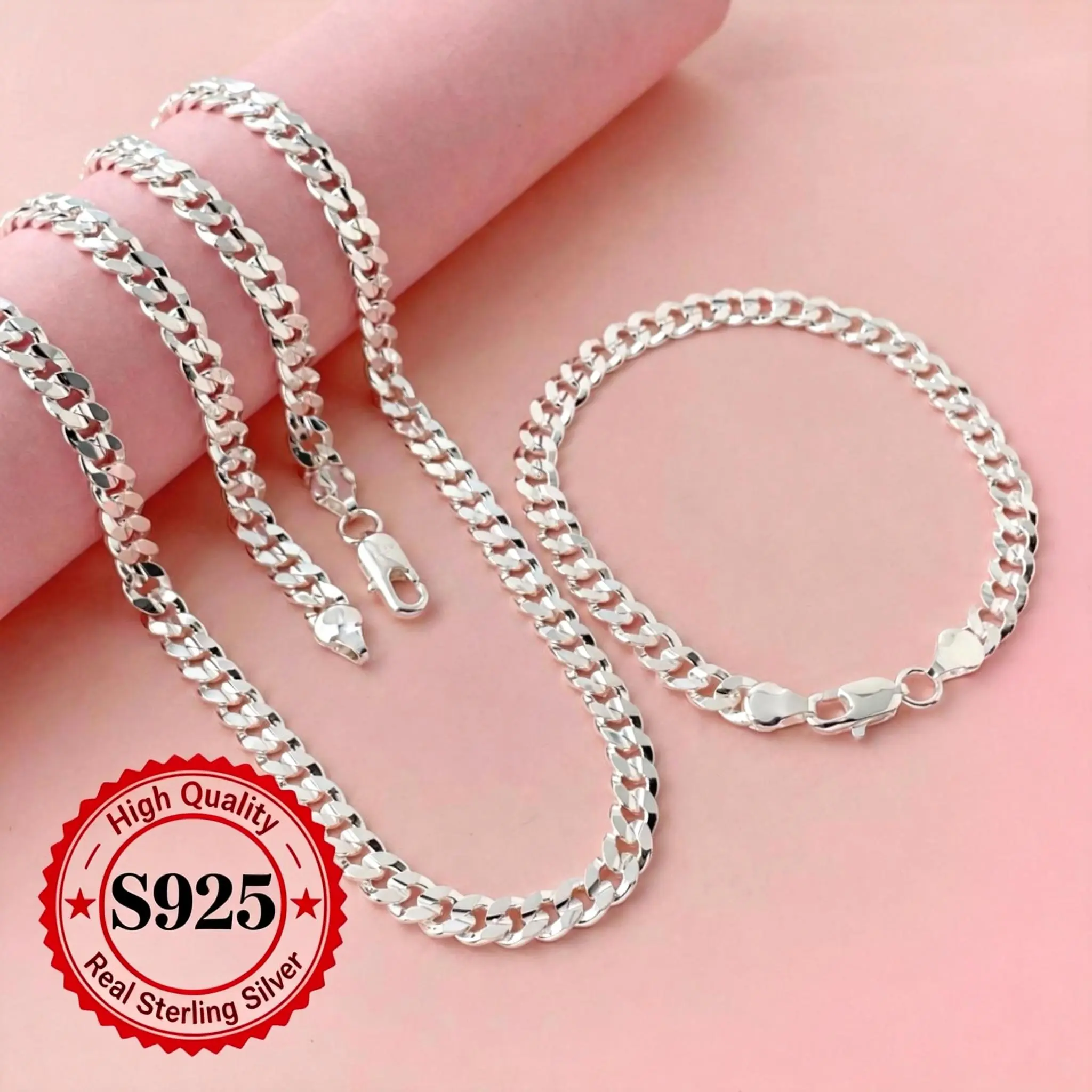 2pcs/set 925 Silver-plated 7mm Sideways Cuban Necklace Bracelet Set for Men Women， Lobster Clasp 20&24inches Daily Wear Birthday Party Gift Ideal Sleek Silver Finish