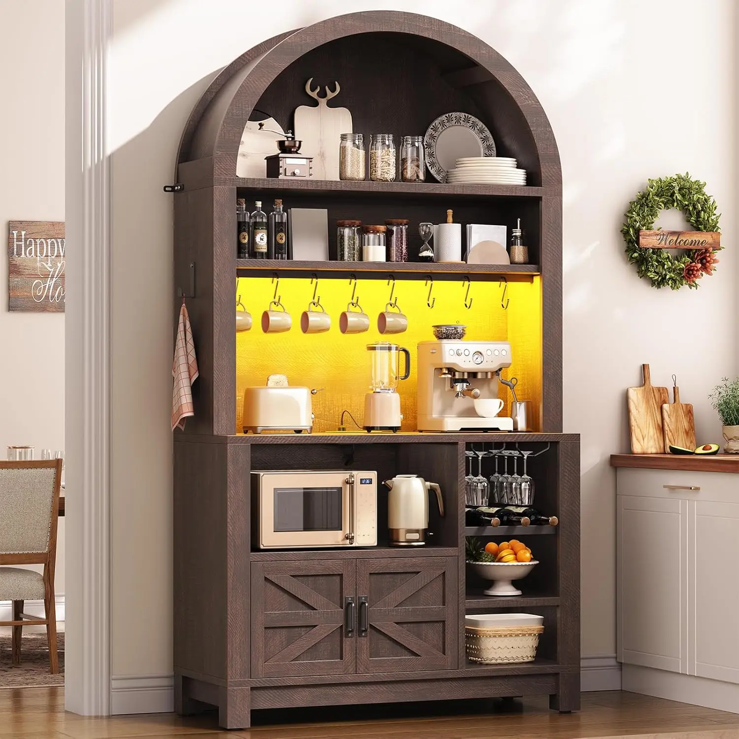 Itaar 73" Tall Arched Bakers Rack with Power Outlet and LED Light, Farmhouse Coffee Bar Cabinet, Kitchen Microwave Stand with Storage for Kitchen, Dining Room, Living Room