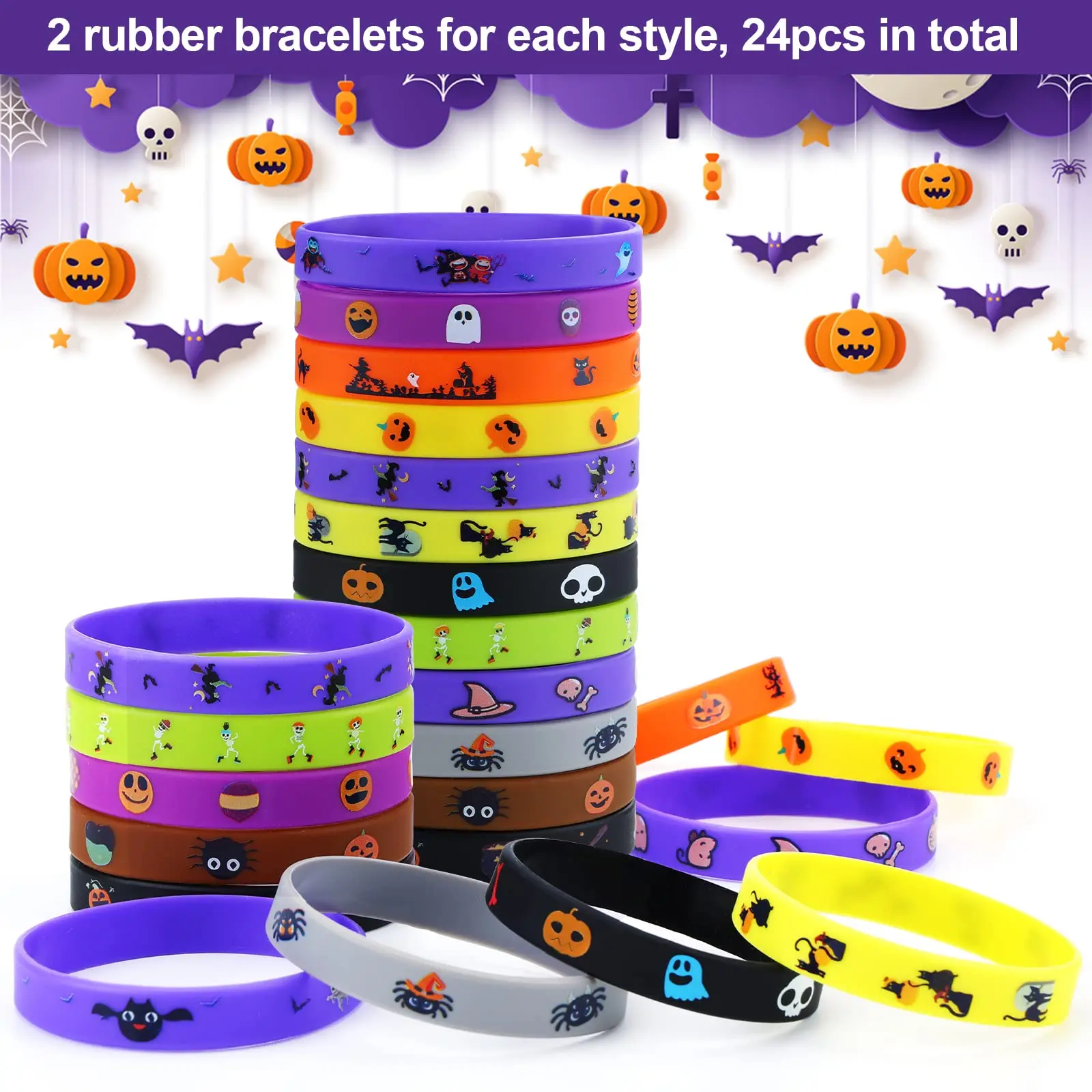 48PCS Halloween Party Favors, Slap Bracelets & Rubber Wristbands, Assorted Halloween Goodie Bag Fillers for Trick or Treat, Classroom Prizes & Parties