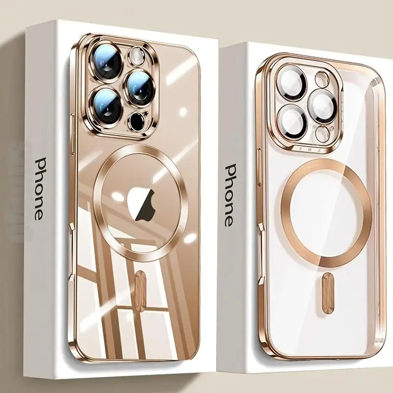 Phone cases for iPhone 11 12 13 14 15 16 17proFull lens electroplating magnetic transparent mobile phone case, compatible with MagSafe, built-in camera lens protective cover, soft ultra-thin shockproof mobile phone case, built-in wireless charging magnet