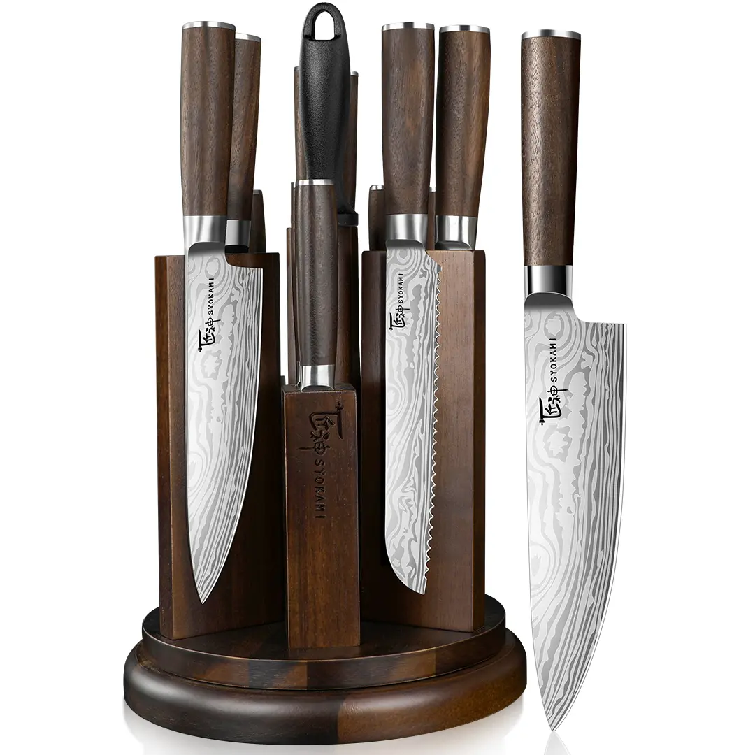 【DealsForYouDays】 SYOKAMI [UPDATE] Kitchen Knife Set with Magnetic Block and Sharpener 14 Piece Knife Set 360° Rotatable Holder Ultra Sharp High Carbon Stainless Steel Knives Sets with Steak Knives, Father's Day Gift