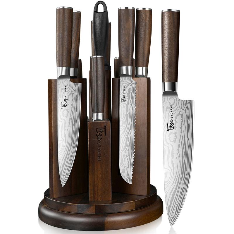 SYOKAMI 14-Piece High-Carbon Stainless Steel Kitchen Knife Set - 360° Quick Access Rotatable Magnetic Wetgrip Acacia Block, Ergonomic Grip, 56+ Steel Edge, Built-In Sharpener, Steak Knives, Daily Partitioned Storage, Birthday Gift, Precise Cuts