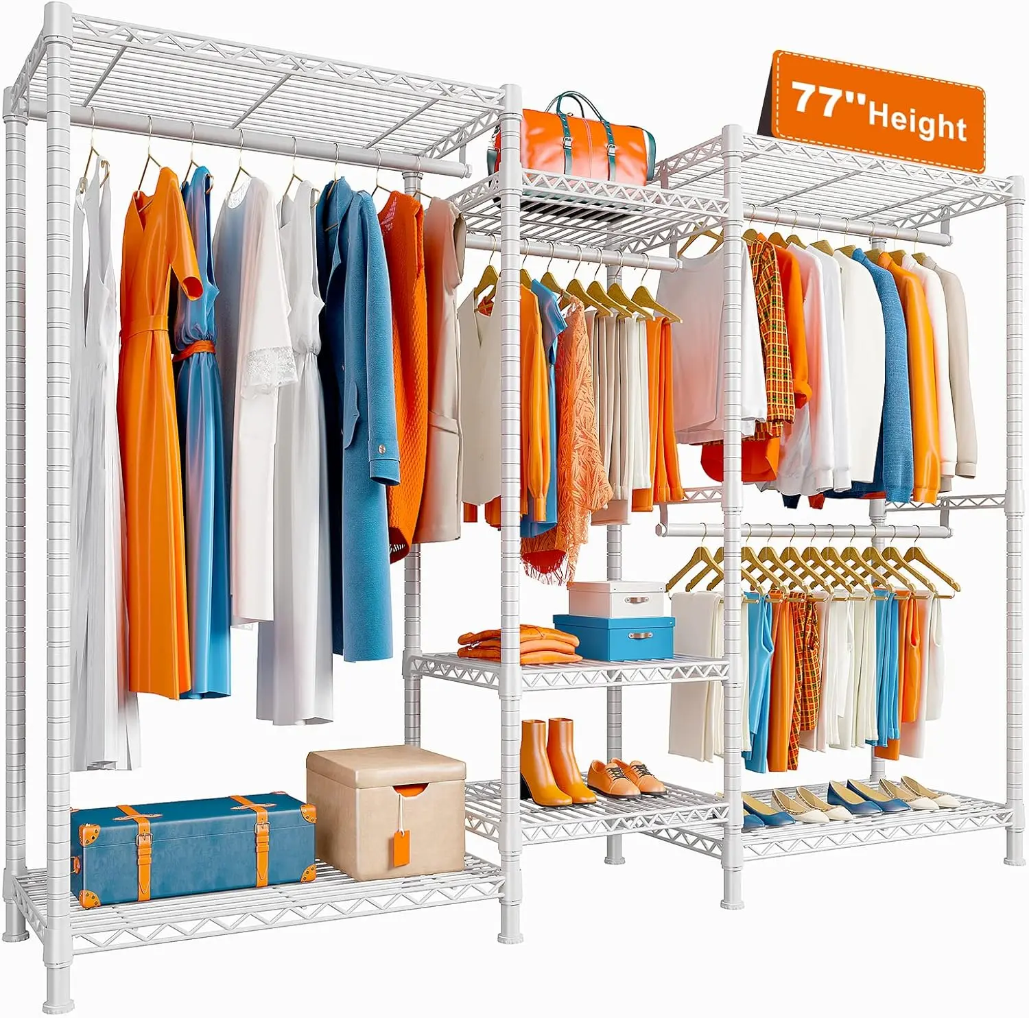 Raybee 77" Height Heavy Duty Clothes Rack Holds 750 LBS, Portable Closet Wardrobe Rack with Shelves & Hanging Rods, Height Adjustable Metal Wire Garment Rack, 77" H x 70.5" W x 13.8" D, Black,White, Pink