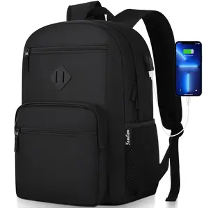 YAMTION Black 15 Inch Backpack, Minimalist Retro Patch & USB Charging, Versatile School Bag for Students & Commuters