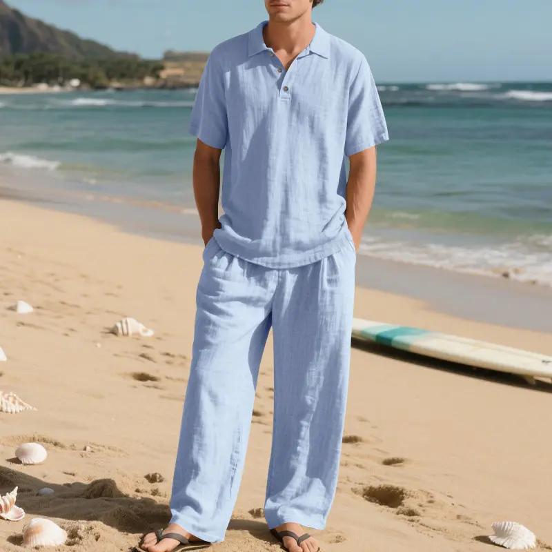 Men’s 95% Linen 2-Piece Casual Men's Clothing Set - Short-Sleeve Button-Down Shirt, Loose Long Pants, Lightweight Breathable Relaxed-Fit Drawstring Summer Vacation Wear, Cold Wash Compatible, Casual Men's Clothing Sets