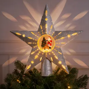 Silver Rotating Christmas Tree Topper Star with Santa Scene, 4 Warm Yellow LEDs, ABS Plastic Xmas Tree Decoration (3m Power Cord)