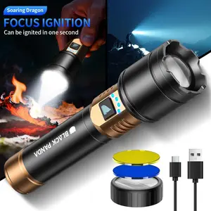 Black Panda-flashlight 525 Portable LED Strong Light Flashlight, Zoomable Tactical Flashlight, USB Rechargeable Telescopic Zoom Torch, Multi-functional Outdoor Lamp for Outdoor Camping Hiking, Emergency Use
