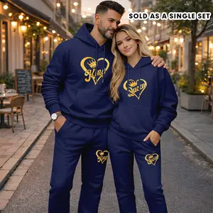 Couple's “King” and “Queen” Heart Print Hoodie and Sweatpants Set (Sold as a Single Set) , Casual Sportswear, Long-Sleeve Hooded Jacket and Pants, Suitable for Autumn, Winter, and Spring, Everyday Wear, Tracksuit
