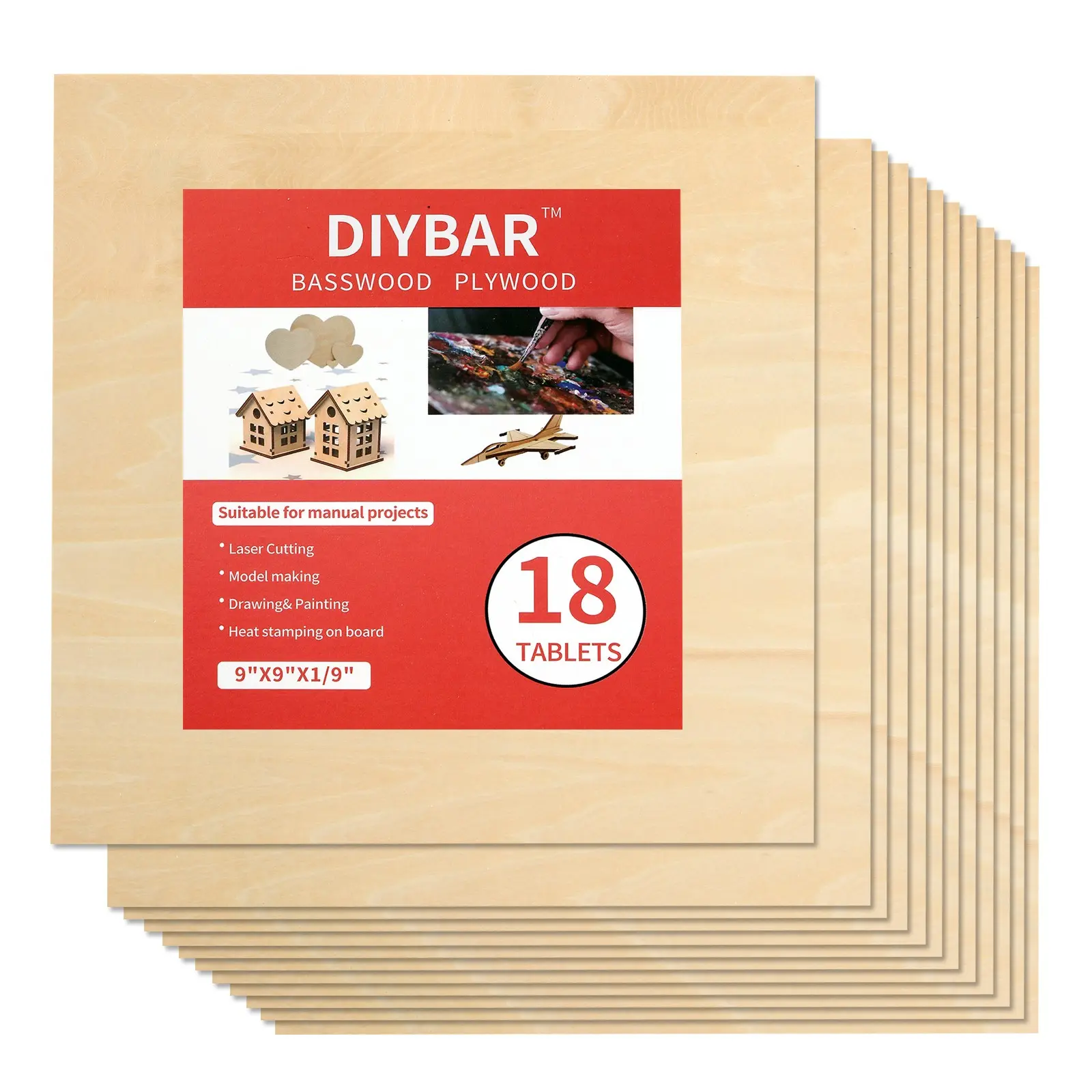 Basswood Plywood 18-Piece Set, Smooth Thin Original Engineered Wood Sheets, Laser Cutting, Model Making, Hand Drawing, DIY Materials, Craft, Handicraft, Building Models, Small Furniture, Pet Landscaping