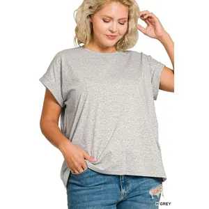 Zenana Women's Round Neck Folded Short Sleeve T-shirt - Gray