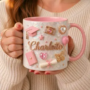 Personalized Graduation Mug 2D Printed 3D Effect Custom Name Pink Coffee Cup Unique Design for Her Class of 2026 High School College Graduate Keepsake Celebration Gift Idea Special Present Senior Grad Mug