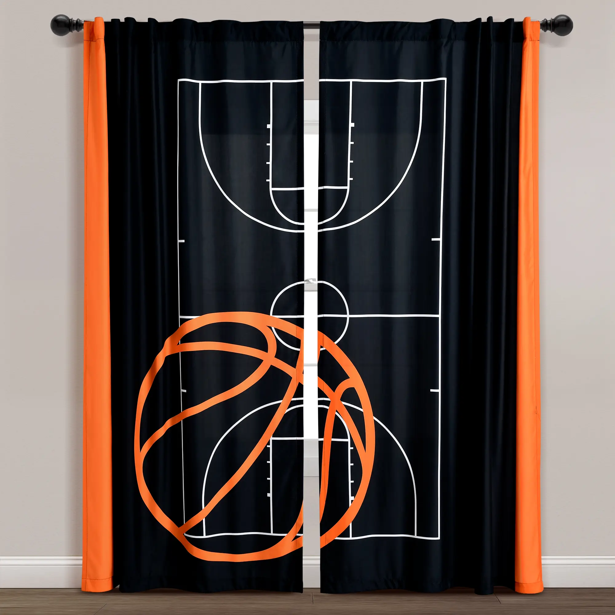 Lush Decor Basketball Game Window Curtain Panels 2Pc Set - 52" Wide, Light Filtering, Sports Theme, Easy Installation, Perfect for Kids' Bedrooms & Playrooms
