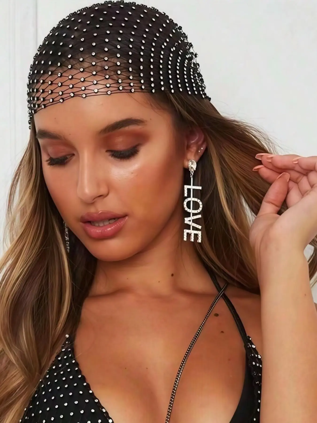 Rhinestone Fishnet Elastic Hairband, Glittering Mesh Veil Headpiece for Women, Bridal Headband, Fashion Accessory for Daily Wedding Party Dance