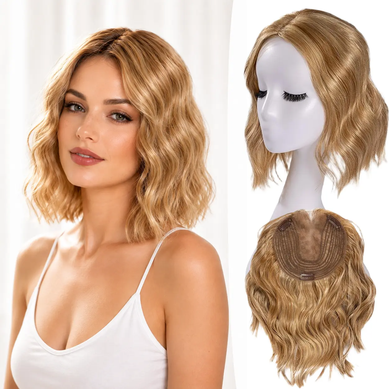 EC 12-Inch Loose Wave Crown Topper for Women, Synthetic Clip-In Hairpiece for Thin Crown and Low-Volume Hair, 6×6.5in Hand-Knotted Lace Base, Glueless Secure Fit for Root Coverage & Wavy Fullness