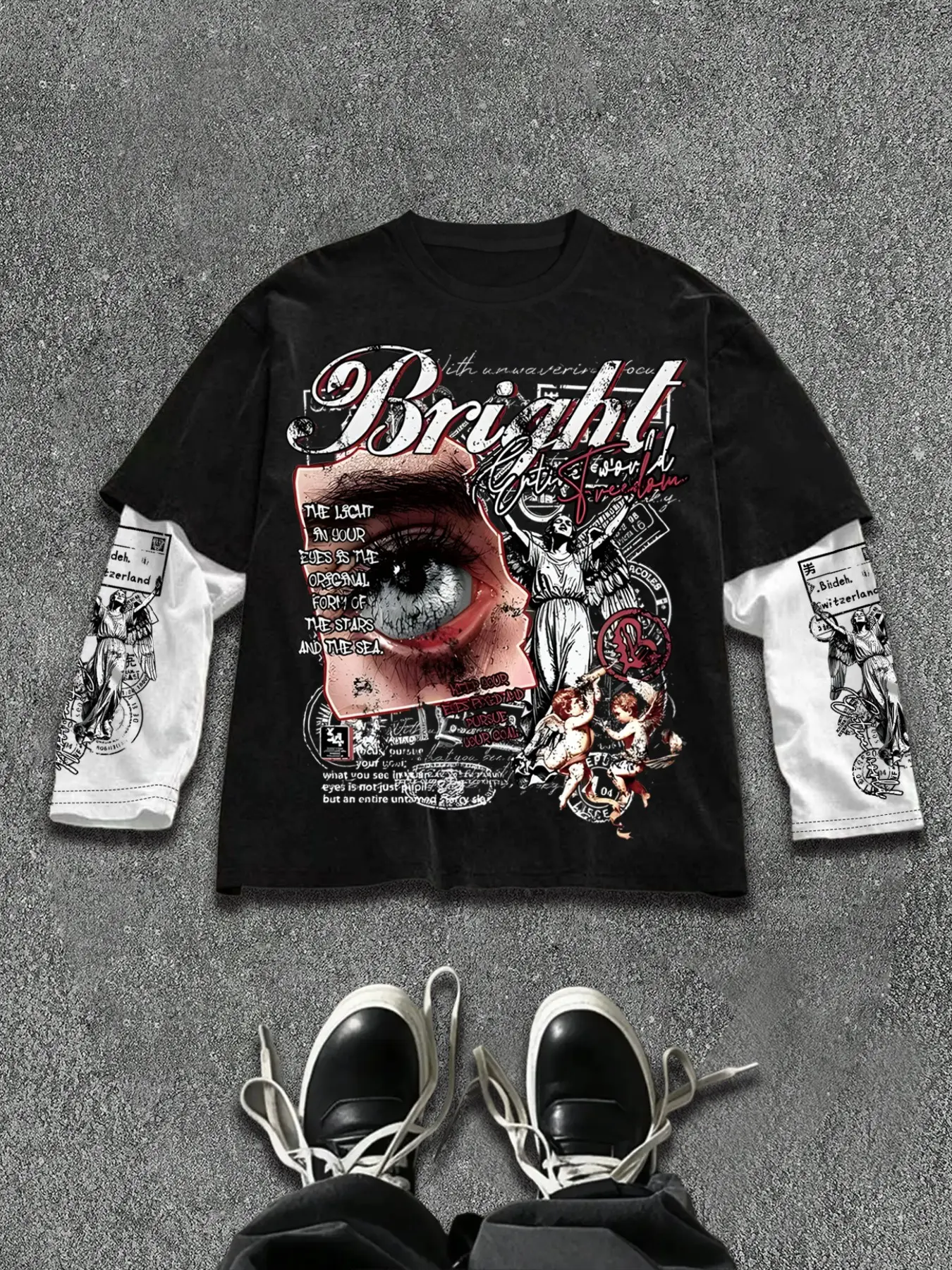 Y2K Gothic Angel Graphic Oversized Double Layer Long Sleeve T-Shirt | Indie Sleaze Streetwear Menswear for Festival & Concert Outfits | Distressed Eye Print with Vintage Stamp Details | Casual Graphic Tee