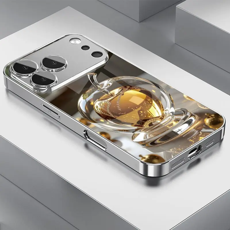 Phone Case - 1pc Crystal Clear Brilliant Golden Apple Pattern Silvery Electroplated HD Glass Phone Case for Iphone 17/17Pro/17Promax/17Air/16/16Pro/16Promax/16Plus/16E/15/15Pro/15Promax/14/14Pro/13/13Pro/12/12Pro/12Promax/11/11Pro Fashion Protective