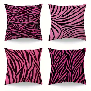 4pcs, Vibrant Pink and Black Zebra Stripe Themed Decorative Throw Pillow Covers, Home Spring Décor Products, Bedroom Accessory, Suitable Living Room, Bedroom, Sofa and Bed Decoration, 2D Flat, Single Sided Printing, No Pillow Core