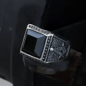 GTHIC Square Black Gemstone Stainless Steel Masonic Ring for Men Punk Statement Jewelry Daily Wear
