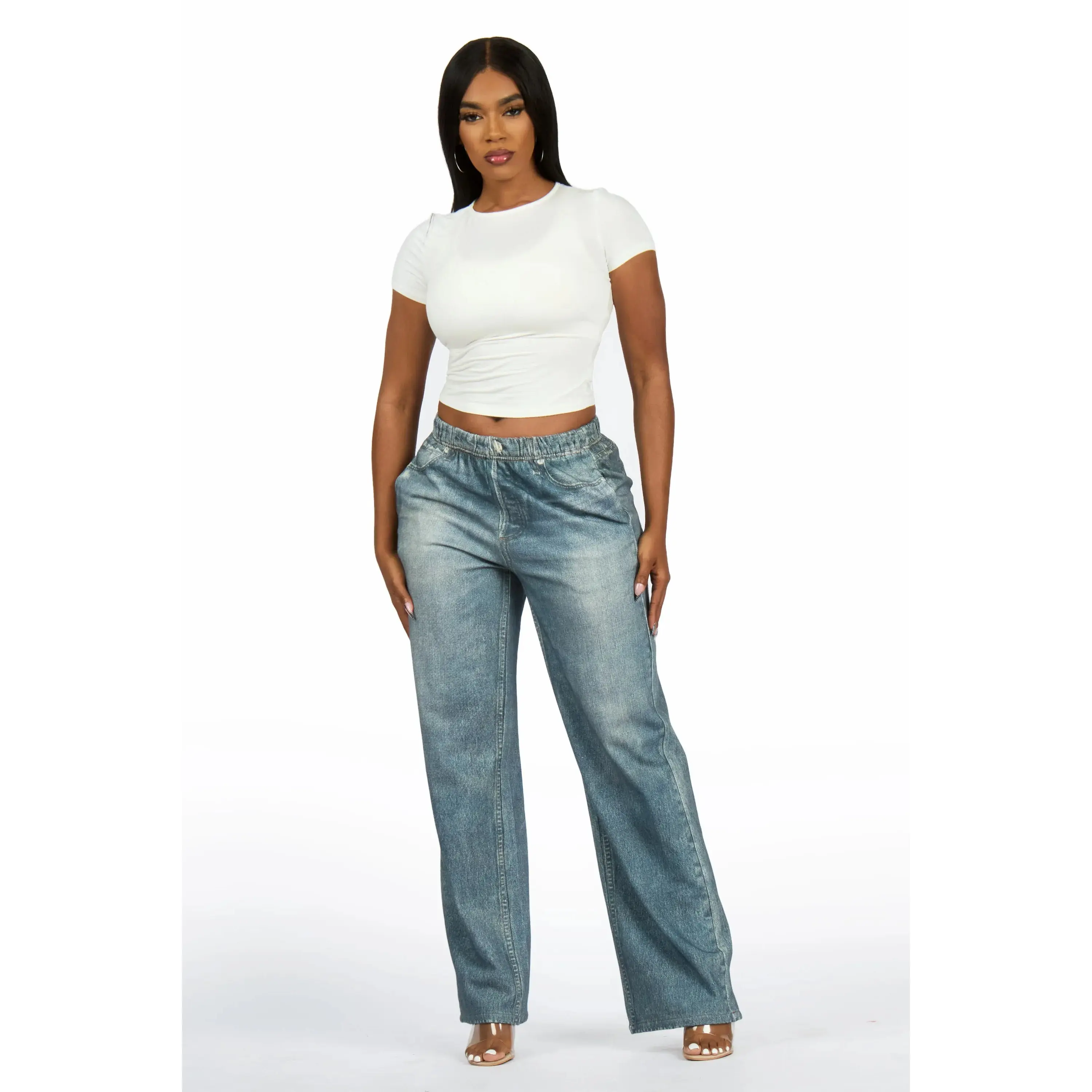 Jaleecia Med. Wash Denim Print Stretch Terry Sweatpant Jean