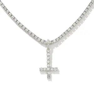 Rhinestones Stylish Upside Down Cross Pendant Necklace Hip Hop Rap Match Any Outfit, Unique Inverted Cross Chain Necklace For Hip Hop Lovers, colgante decru, crucifix, silver tone, gift for woman and men