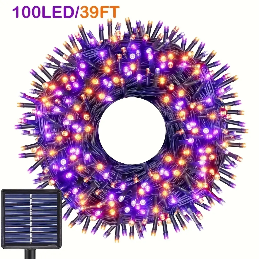 Solar Halloween LED String Lights, 39.37ft 100 LEDs, Purple-Orange Light, 8 Lighting Modes (Including Flickering Mode), Plastic Body Solar-Powered Decor, for Horror Vibe - Garden, Room, Balcony, 39.37Ft Length