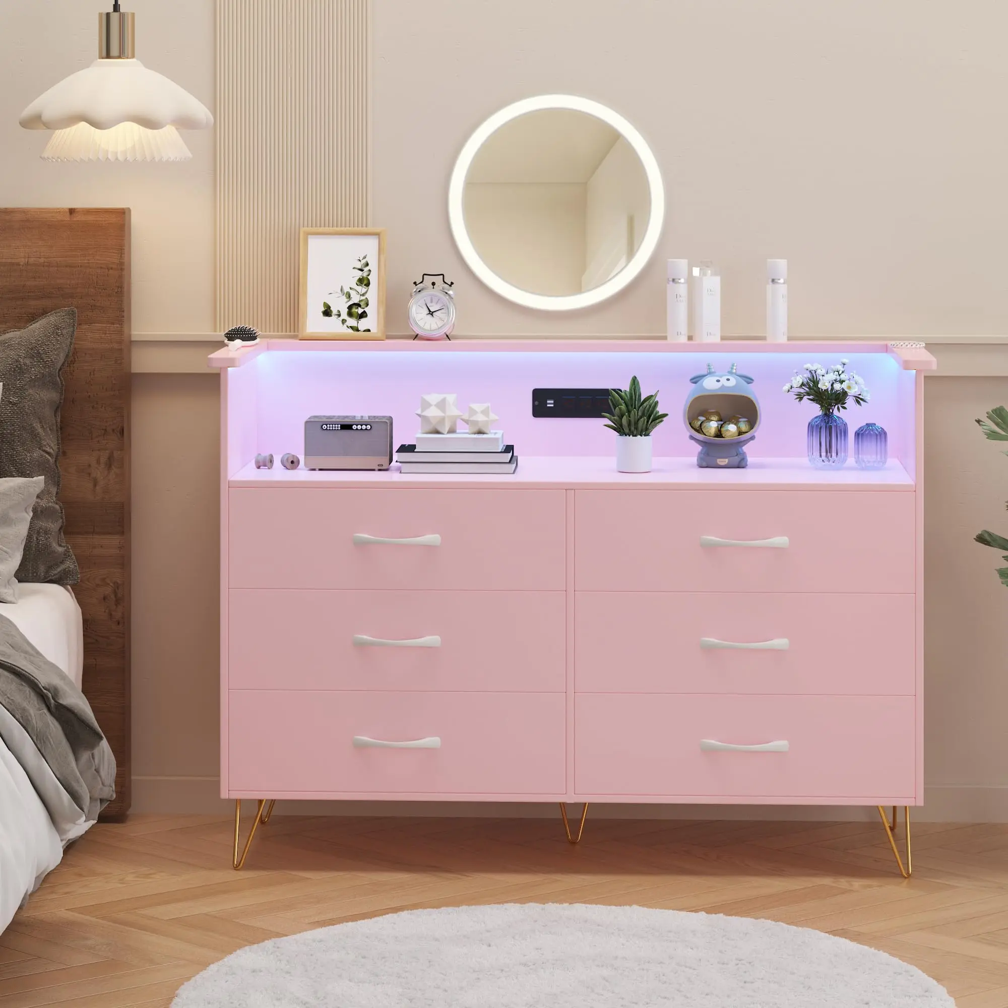 Modern 6 Drawer Bedroom Dresser with Power Outlet and LED Light, Available in Pink, White, and Black. Features Wooden Construction, 2 Tier Shelves, and Double Wide Drawers, Ideal for Closet, Living Room, Entryway, and Hallway Use Storage