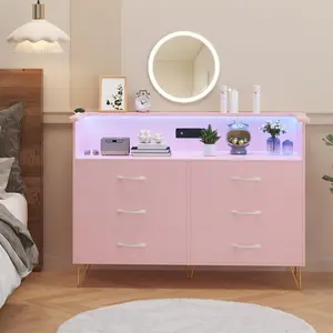 Modern 6 Drawer Bedroom Dresser with Power Outlet and LED Light, Available in Pink, White, and Black. Features Wooden Construction, 2 Tier Shelves, and Double Wide Drawers, Ideal for Closet, Living Room, Entryway, and Hallway Use Storage