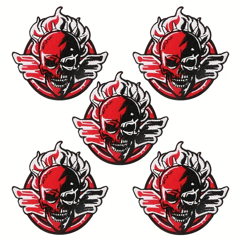 Punky Skull Patch Set - 5pc Embroidered Iron-On Badges with Red Flame Design for Customizing Clothing & DIY Accessories