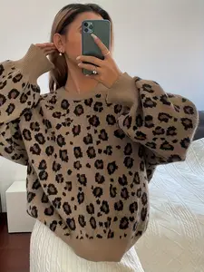 Women's Fall Winter Vintage Loose Streetwear Leopard Print Round Neck Pullover Knit Sweater, Casual Fashion Long Sleeve Top