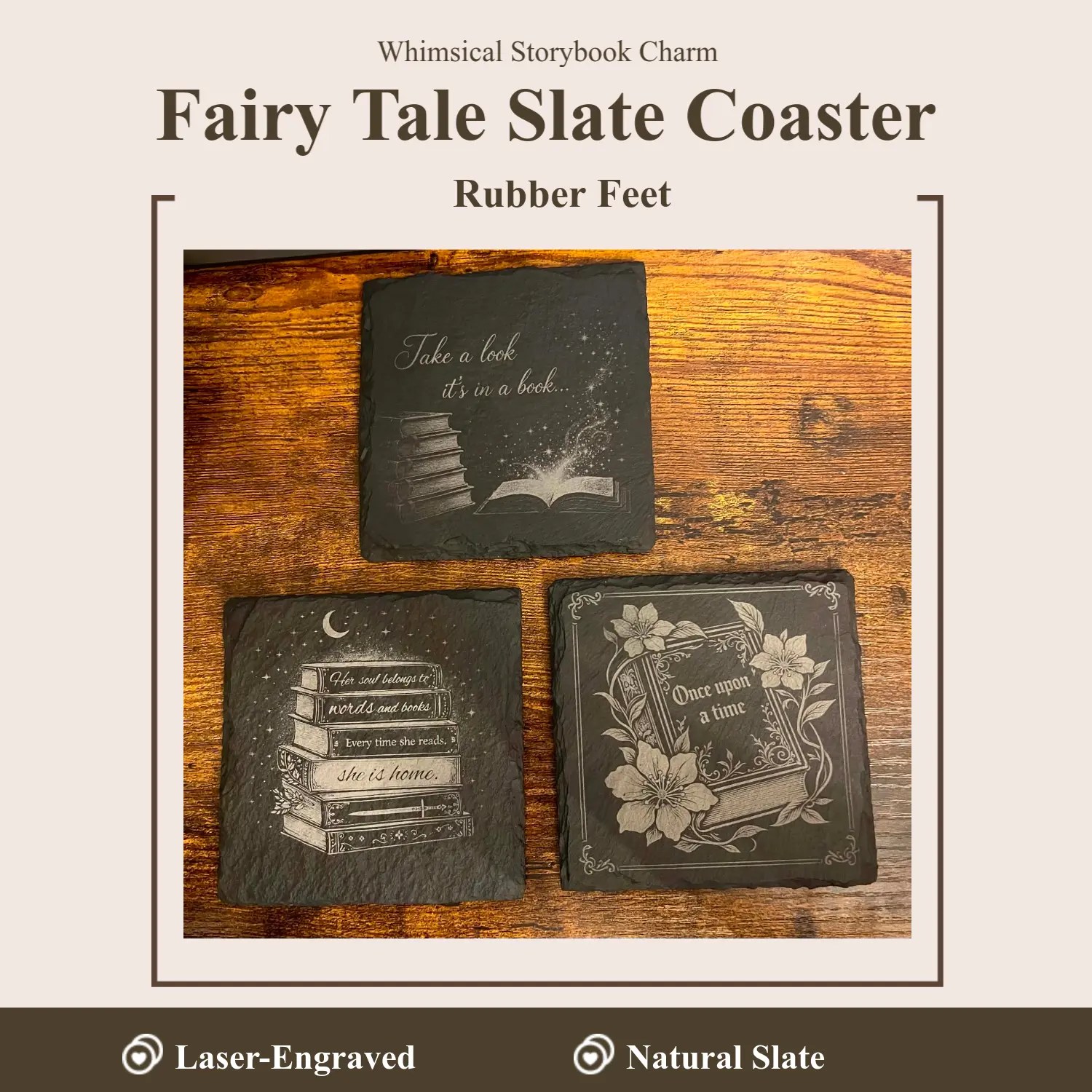 Fairytale Book Coaster – Once Upon a Time Slate Coaster, Book Lover Gift