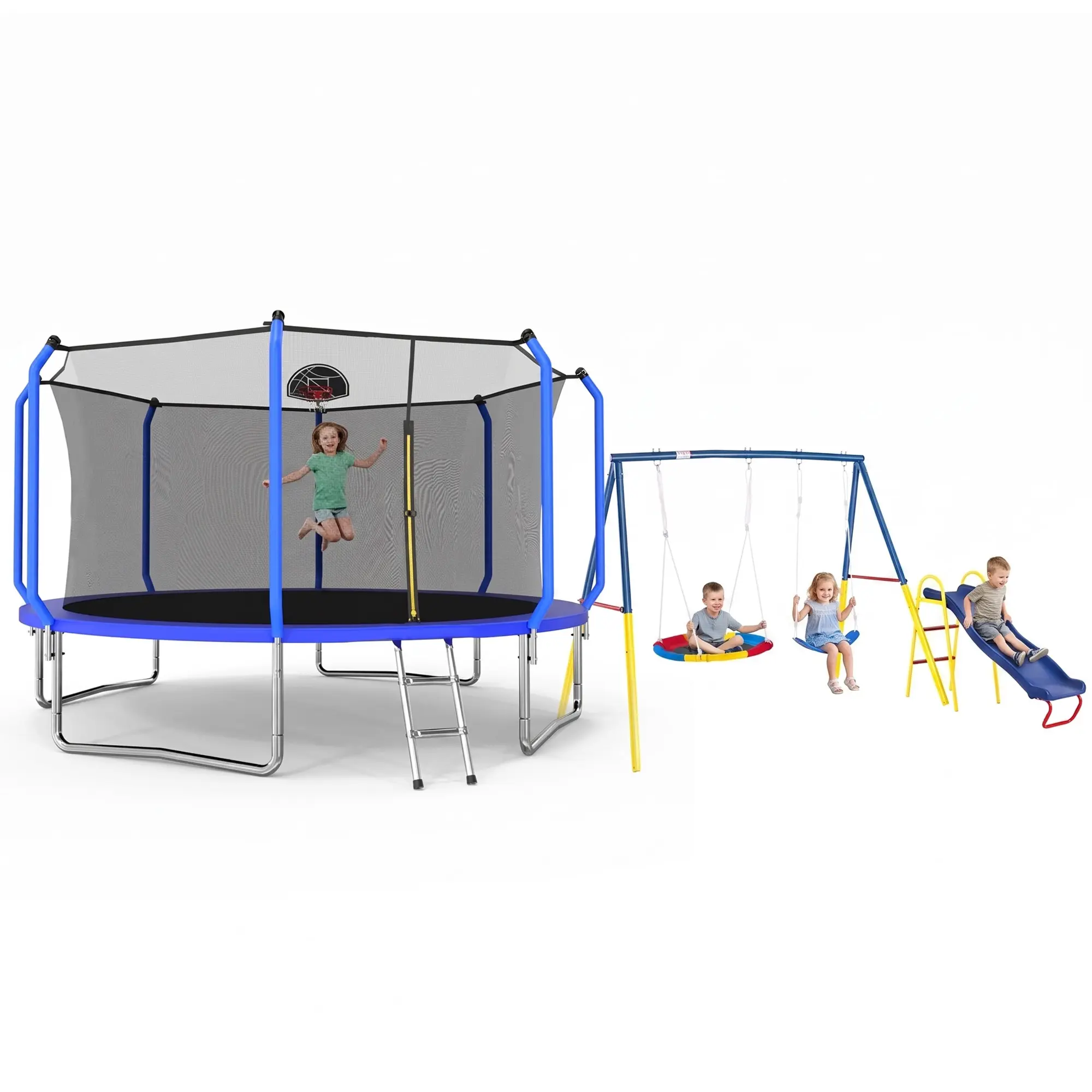 Mersco 14FT Trampoline Combo with Basketball Hoop, Swing & Slide, ASTM Approved Reinforced Outdoor Trampoline with Enclosure Net, Heavy‑Duty 3‑in‑1 Metal Backyard Playset, 1320 LBS Weight Capacity