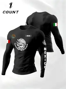 Men's Long Sleeve Casual T-Shirt, Mexican Emblem Flag Cultural Print, Fitted Round Neck Design, Comfortable Spring & Fall Wear