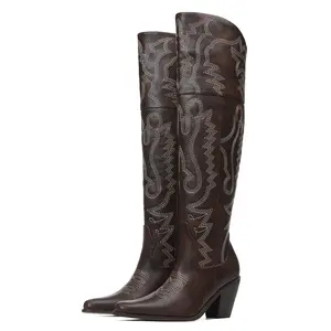 Women‘s Over the Knee Cowboy Boots Embroidery Cowgirl Boots Pointed Toe  Chunky Heel Side Zipper Boots Thigh High Western Boots Retro Country Vintage Fashion Tall Boots for fall
