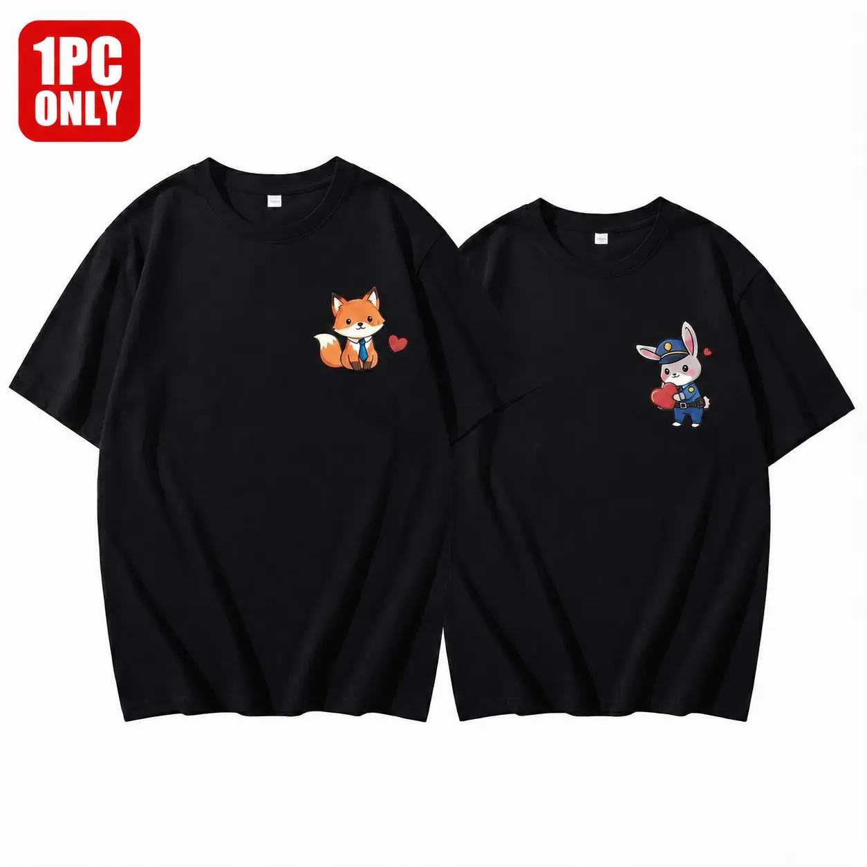 Women's 2-Piece Couple Soft Cotton Round Neck Short-Sleeve Graphic T-Shirt Set - Matching Fox & Rabbit Print, Expandable Cut, Casual Summer Streetwear, Valentine's Day Anniversary Gift for Anime Lovers