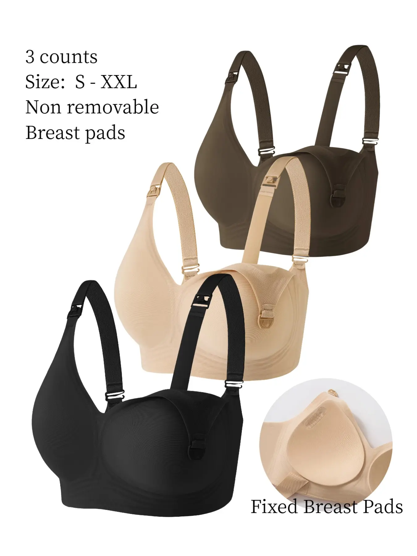 3-Pack Pregnant Nursing Bras, Fixed Non-Removable Pads, Seamless Comfort, Pregnancy & Breastfeeding Bras, Elegant All-Season Style, Nursing Underwear, Maternity Bras For Breastfeeding