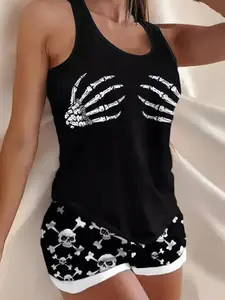 Women's Skull Print Round Neck Vest, Summer Breathable Casual Wear, Home & Outdoor Fashion, Daily, Sexy Style Women's Breathable Summer Outfits: Skull Hand Print for Daily, Home, Outdoor & Casual Wear