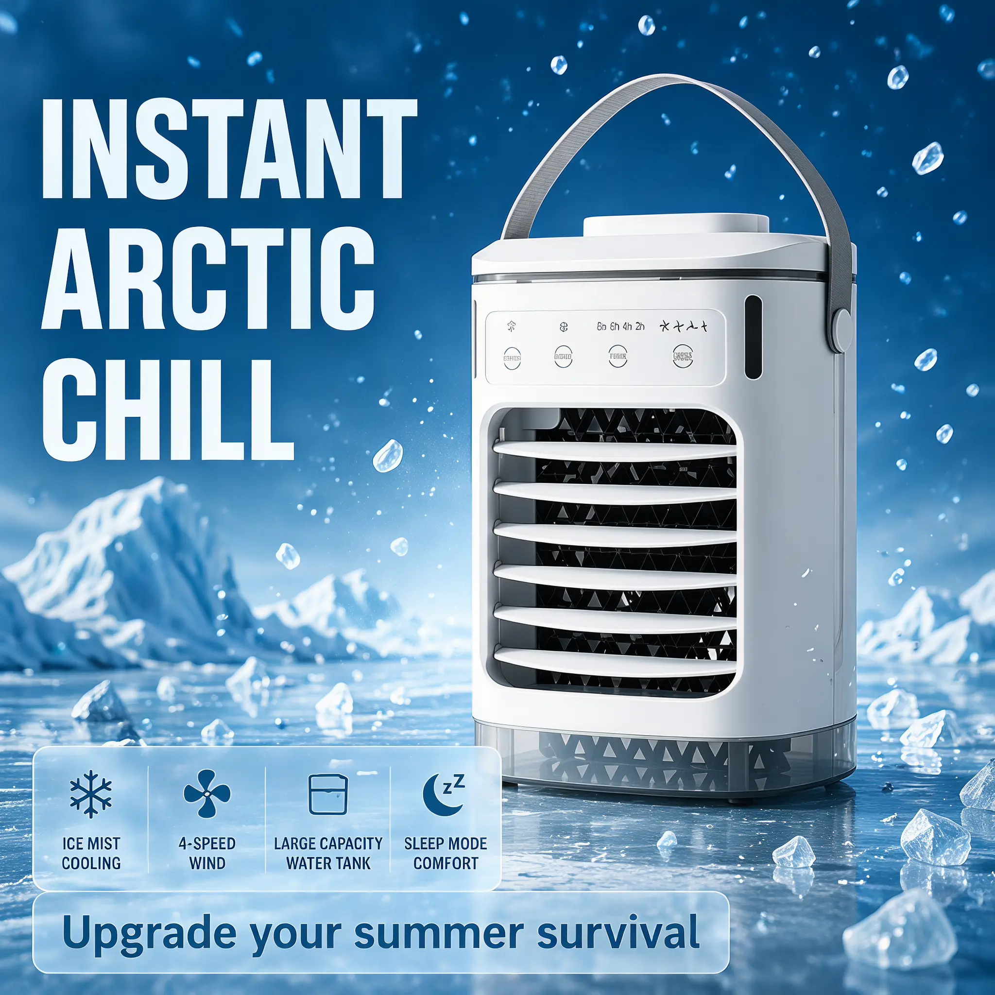 PolarBreeze 3-Way Cooling Tech Air Cooler with Ice Box, Ultrasonic Mist, 3x Faster Arctic Chill, 4 Adjustable Speeds, Smart Timer, Quiet Sleep Mode, 600ml Water Tank, 8-12w All-Night Cooling for Bedroom, Office