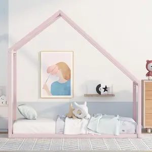 Twin Size Metal House Bed Kids Bed, Pink-MF295065AAH